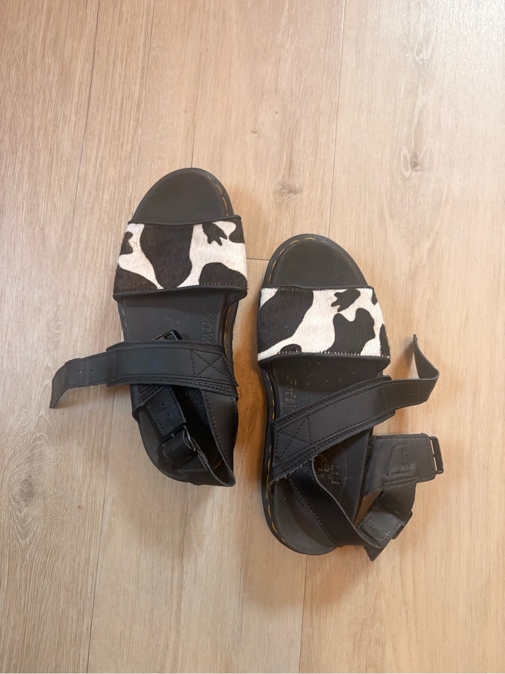 Dr. Martens Black Sandals with White/Black Cow Print Strap